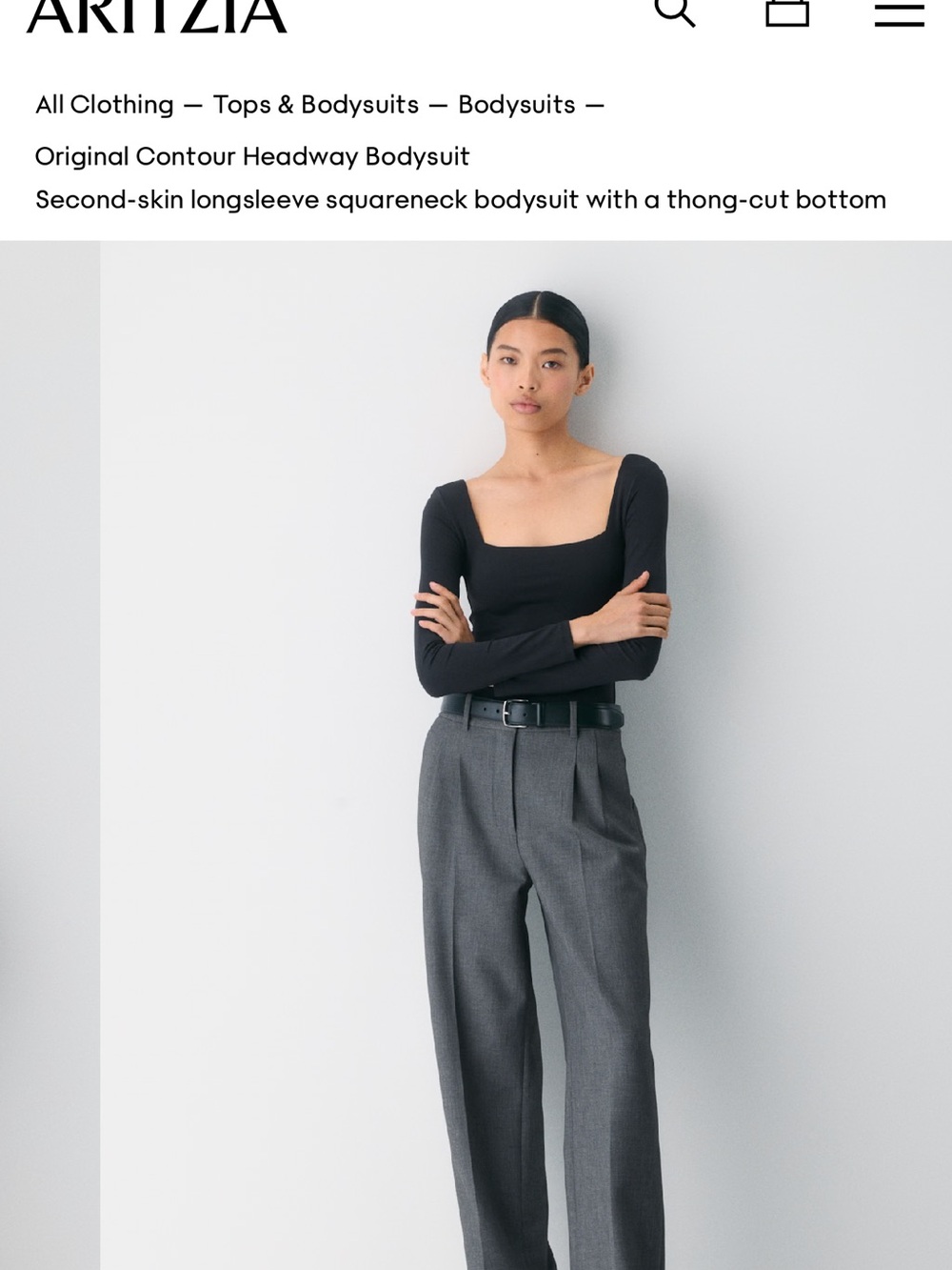 Aritzia Black Top with Charcoal Gray Tailored Trousers